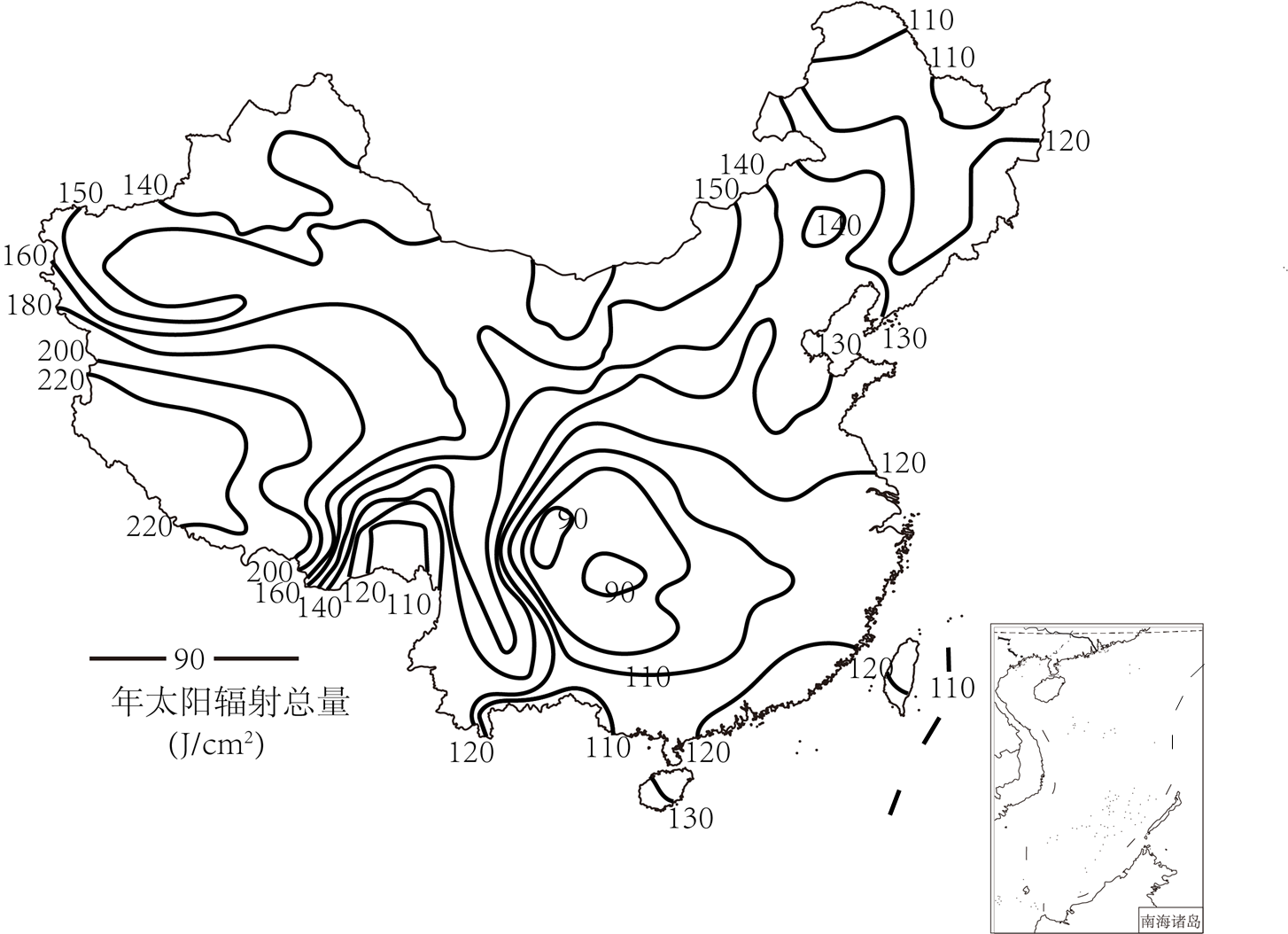 下图为我国年太阳辐射总量分布图.据此完成下列要求